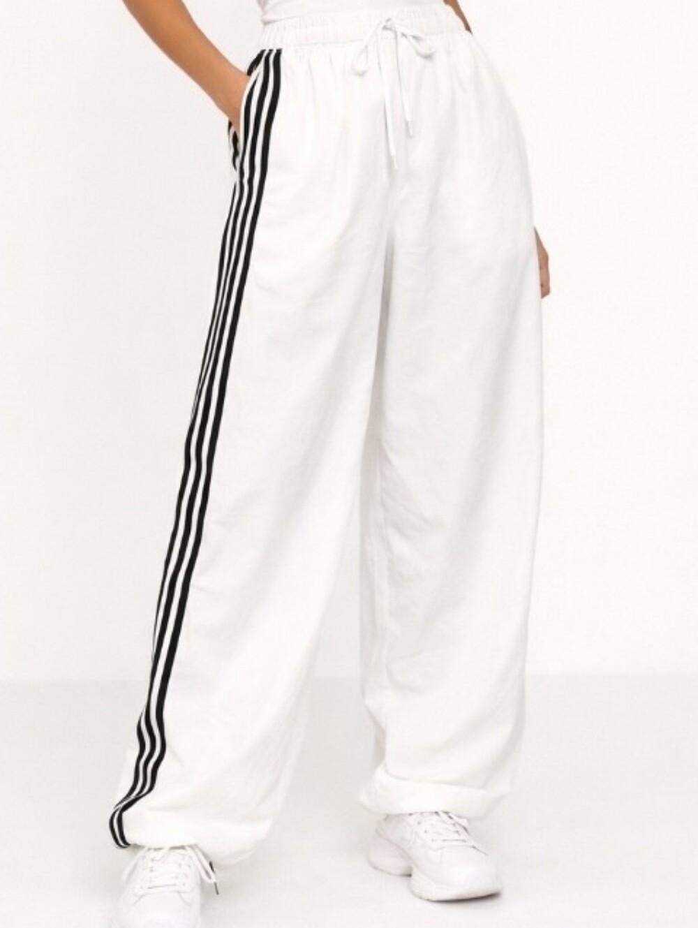 Love Tree White Wide-Leg NylonTrack Pants with Black Side Stripes Large - Picture 2 of 10